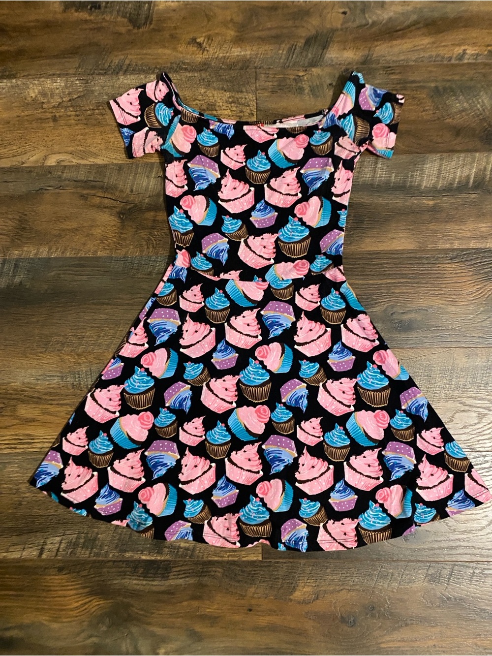Black Cupcake Print Mini Dress with Pink & Blue Frosting